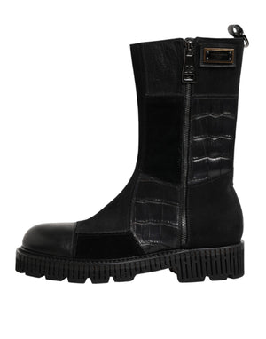 Schwarzer Patchwork-Leder-Halbstiefel