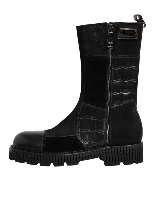 Schwarzer Patchwork-Leder-Halbstiefel
