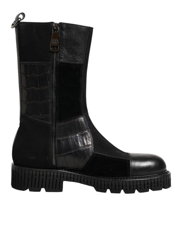 Schwarzer Patchwork-Leder-Halbstiefel