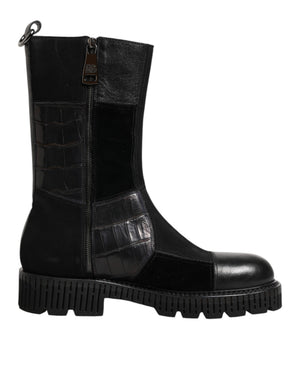 Schwarzer Patchwork-Leder-Halbstiefel