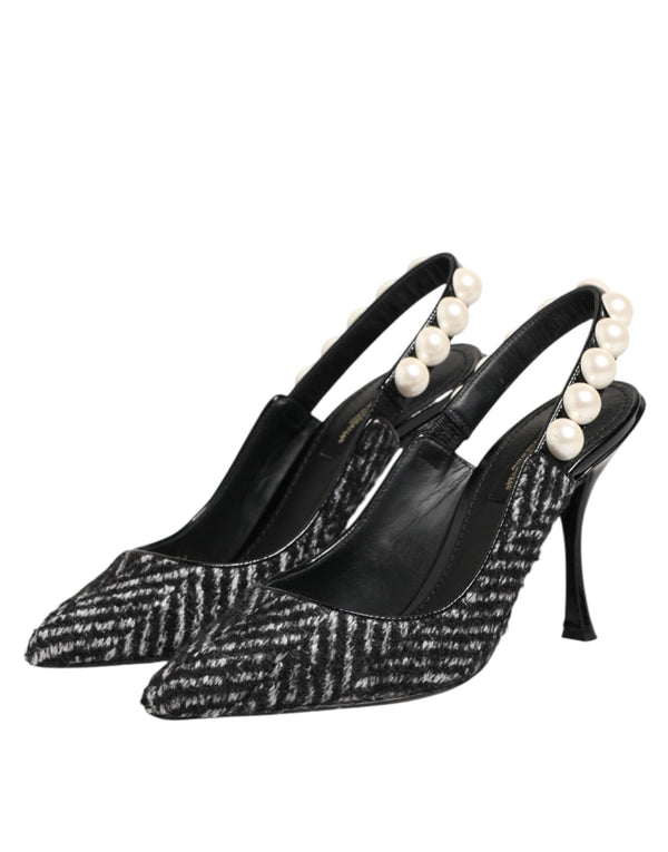 Weiße Slingback-Schuhe mit Schwarz-Weiß-Chevron-Muster und Kunstperlen