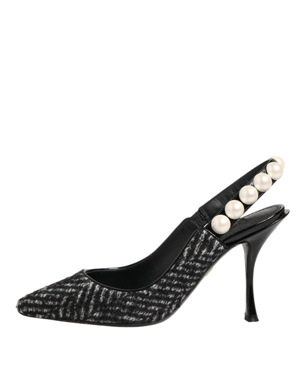 Weiße Slingback-Schuhe mit Schwarz-Weiß-Chevron-Muster und Kunstperlen