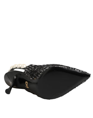 Weiße Slingback-Schuhe mit Schwarz-Weiß-Chevron-Muster und Kunstperlen