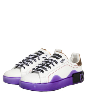 Weiße und Lila Leder-Sneaker mit niedrigem Schaft