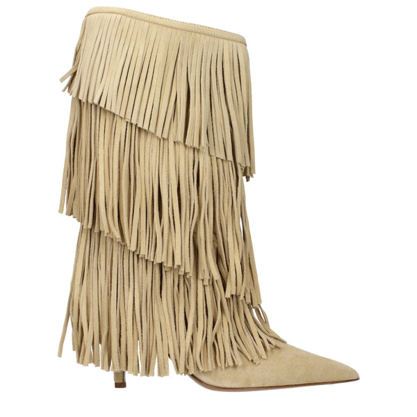 Beigefarbene Leder-Flachstiefel