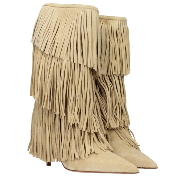 Beigefarbene Leder-Flachstiefel