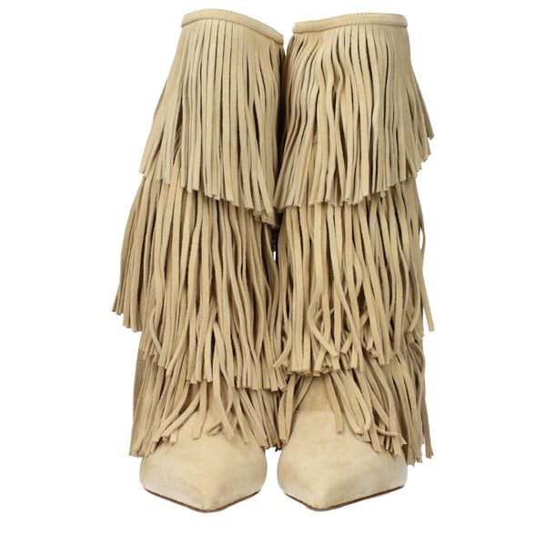 Beigefarbene Leder-Flachstiefel