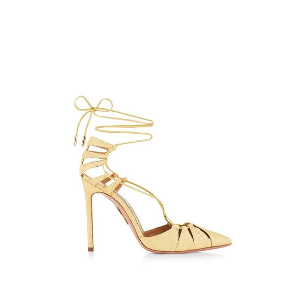 Gelbe Raffia-Stilettosandalen