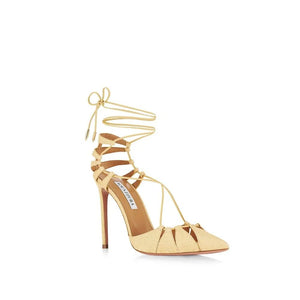 Gelbe Raffia-Stilettosandalen